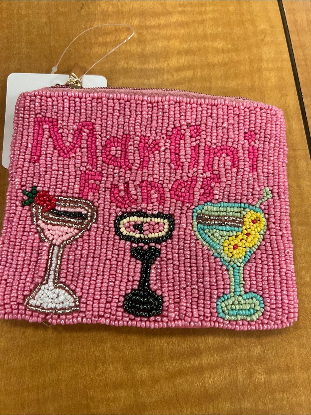 Meri Meri Pink Beaded Cocktail Pouch with Colorful Drink Motifs